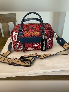 True Religion Red Logo Multi-Patch Crossbody Satchel Bag Buddha Purse Charm NWT